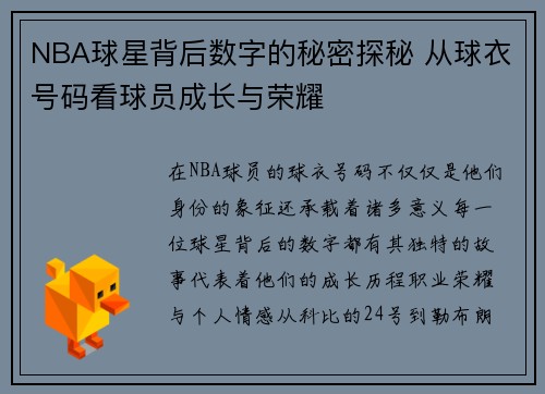 NBA球星背后数字的秘密探秘 从球衣号码看球员成长与荣耀