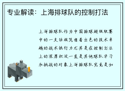 专业解读：上海排球队的控制打法