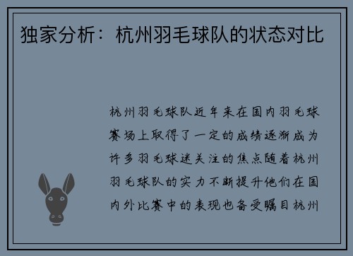 独家分析：杭州羽毛球队的状态对比