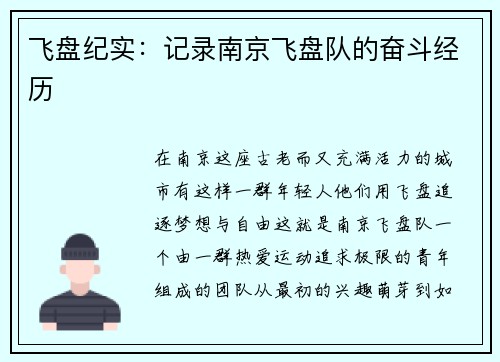 飞盘纪实：记录南京飞盘队的奋斗经历