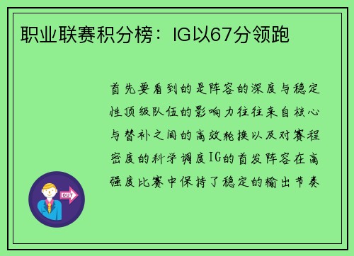 职业联赛积分榜：IG以67分领跑