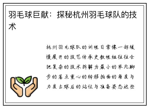 羽毛球巨献：探秘杭州羽毛球队的技术