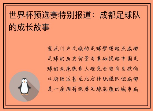 世界杯预选赛特别报道：成都足球队的成长故事