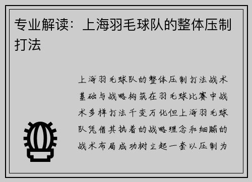 专业解读：上海羽毛球队的整体压制打法